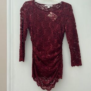 Boston Proper Red Lace Sequin Long Sleeve Ruched Draped Stretch Blouse Top